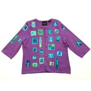 VINTAGE Y2K Michael Simon Purple Dog Embellished Novelty Cardigan Sweater L
